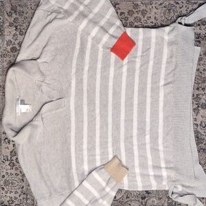 Stitch & Needle Cashmere Cotton Gray and White Striped Pullover with BeigeCuffs
